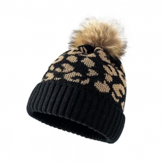 Leopard Print Knit Pom-Pom Beanie